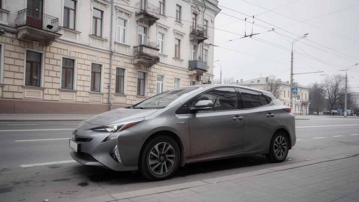 Compact hybrid rental car parked on a Kyiv street