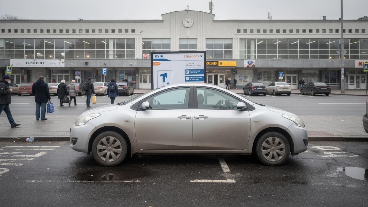 Compact rental car waiting at a Kyiv pickup point beside the station entrance