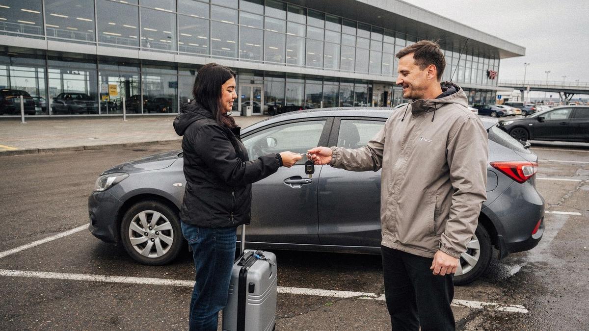 Rental car agent handing over keys to a customer at the Boryspil Airport pickup bay